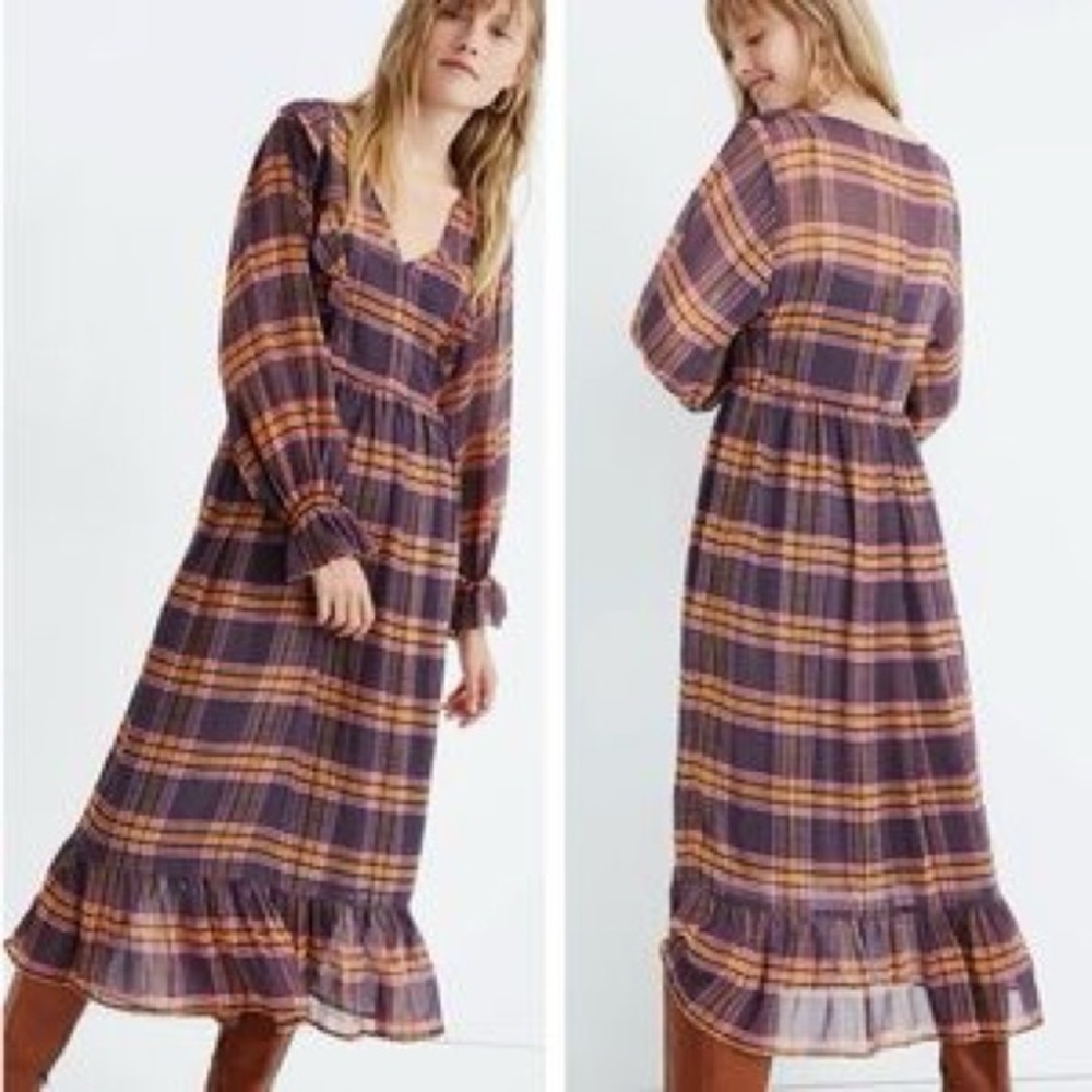 Madewell Plaid Long Sleeve Ruffle Dress